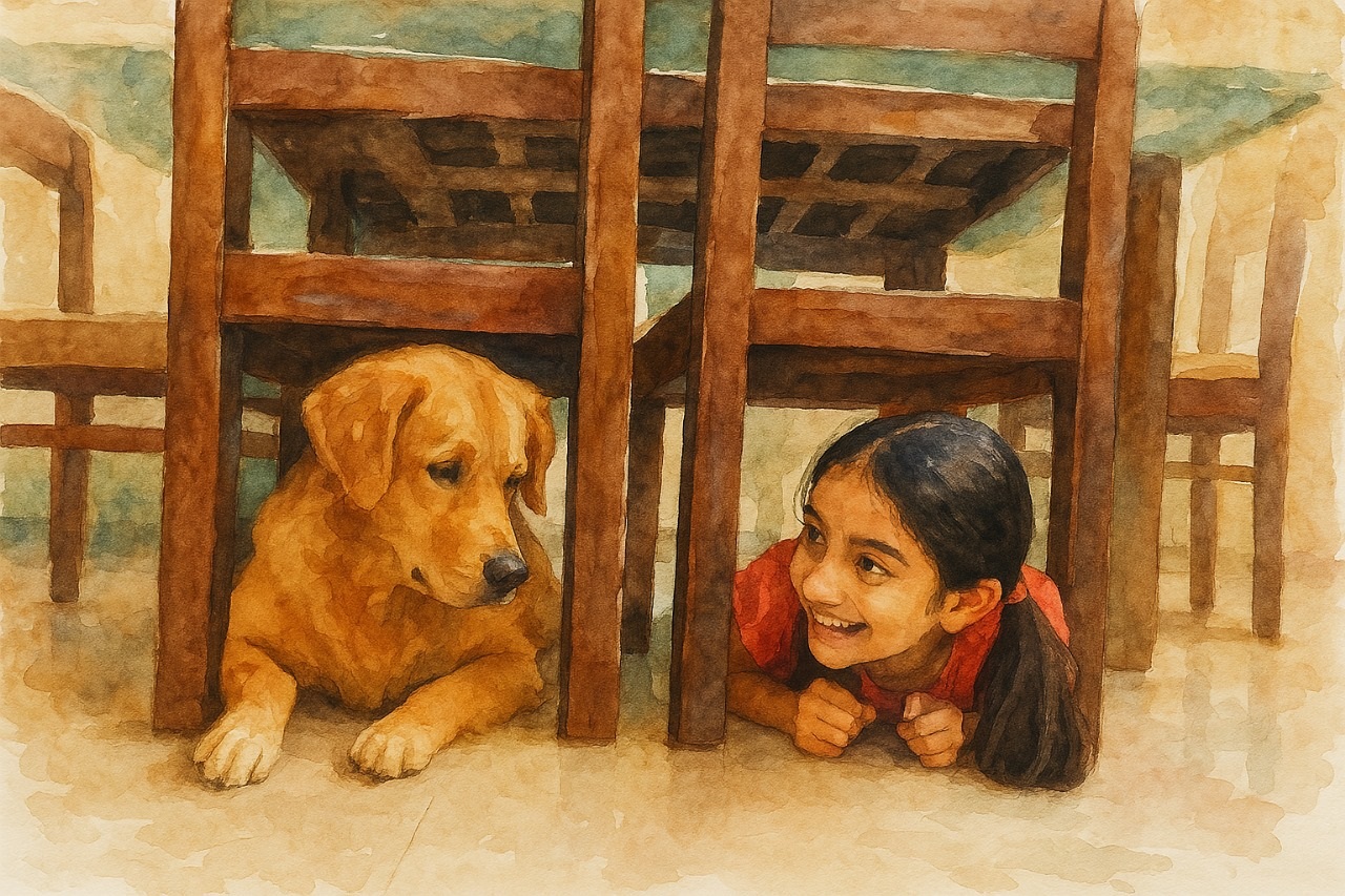 Diti smiling at her dog Hedo under a table