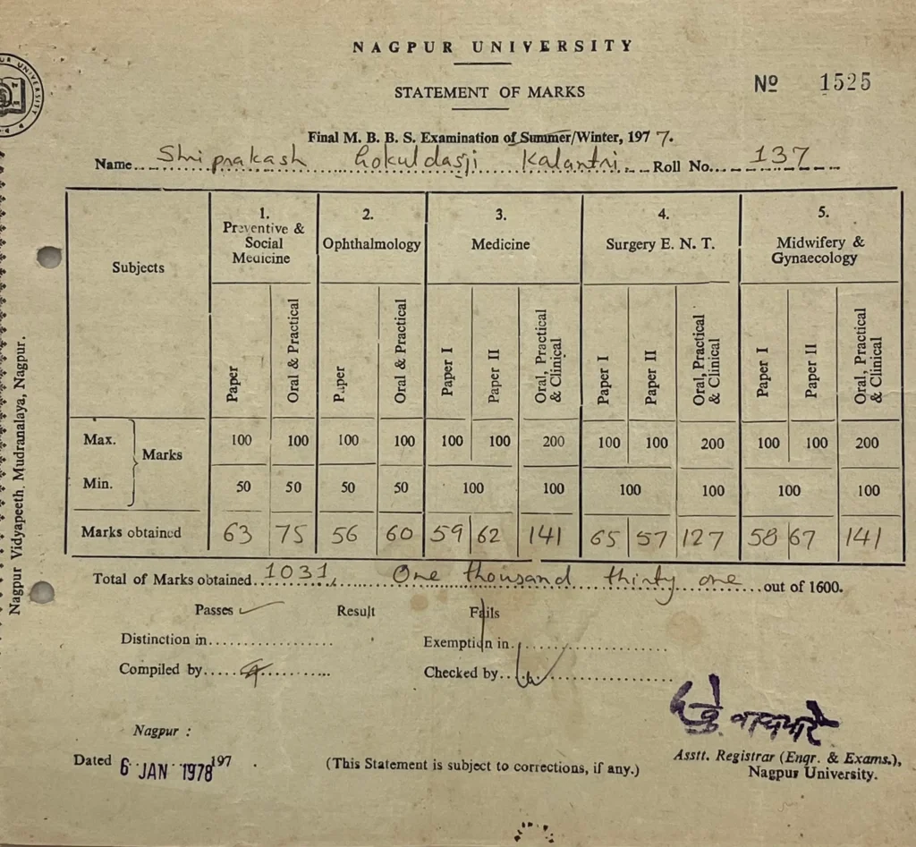 Official First MBBS Examination marksheet of Dr. S.P. Kalantri, detailing academic performance in the foundational subjects of Anatomy, Physiology, and Biochemistry.