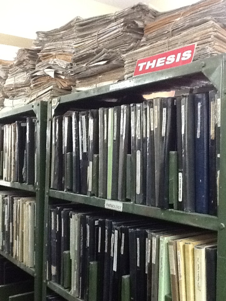 A row of hardbound MD Medicine theses on a library shelf in Sevagram