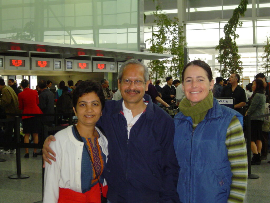 Bhavana Kalantri, Dr. Shriprakash Kalantri, and Maureen Morgan at San Francisco International Airport before Bhavana’s return to Sevagram, India, January 2005