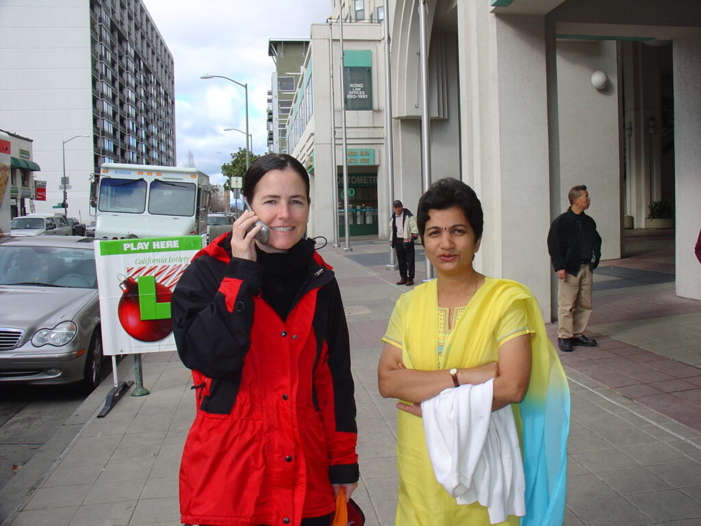 Maureen Morgan and Bhavana Kalantri on a street in Oakland, California, December 2004. Maureen was Dr. S.P. Kalantri's MPH classmate at UC Berkeley and took exceptional care of Bhavana during her three-week visit, showing her the Bay Area and making her feel at home.