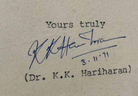 Dr KK Hariharan signature. Dental Surgeon. Sevagram.