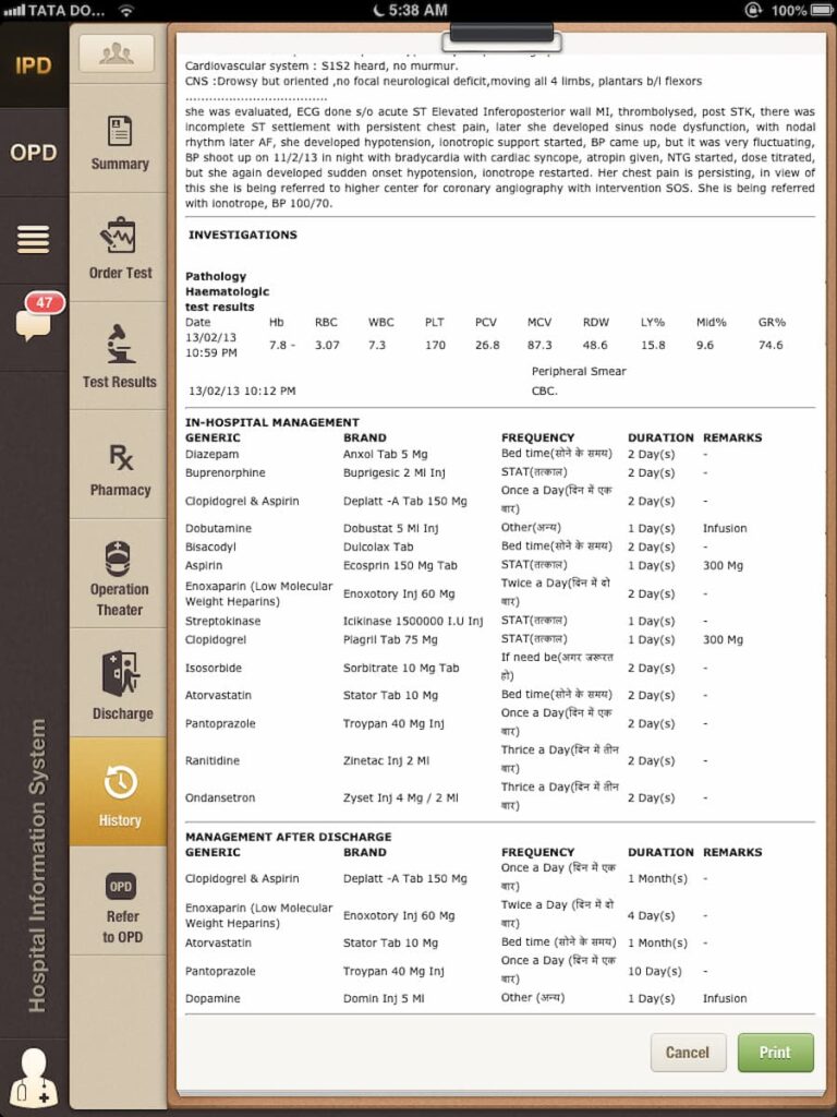 iPad screen showing a patient discharge summary with investigations, in-hospital drug chart, and post-discharge medication on the Hospital Information System at Kasturba Hospital, Sevagram, MGIMS.