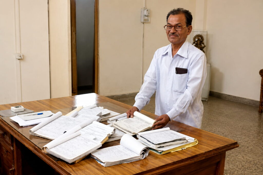 A desk at Kasturba Hospital, Sevagram, buried under registers, files, papers and requisitions awaiting signature — the daily paper burden of hospital administration before the Hospital Information System was introduced in 2009.