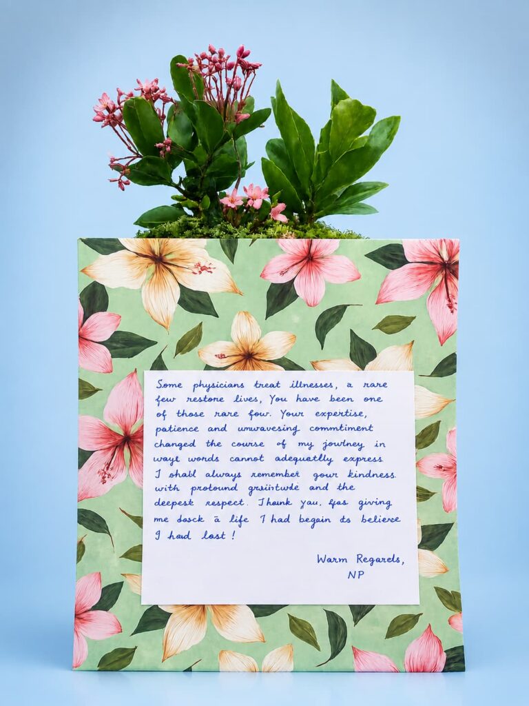 Handwritten thank-you note from a patient expressing gratitude for neuropathy treatment and recovery.