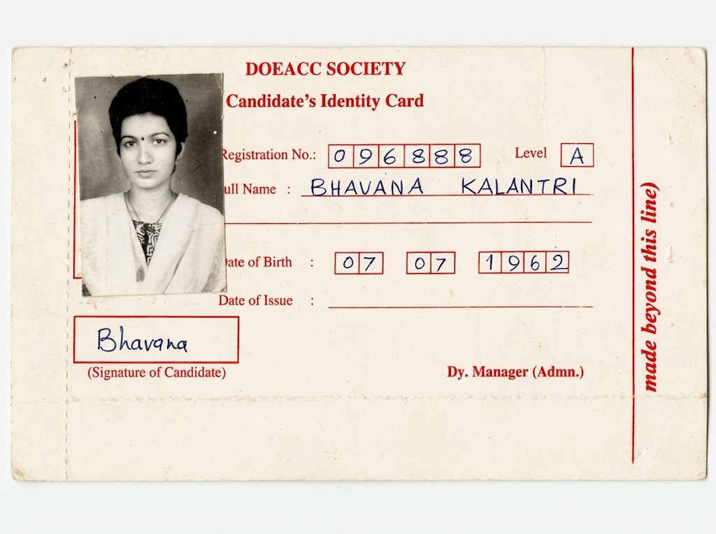 DOEACC Society Candidate's Identity Card for Bhavana Kalantri for the 'A' Level computer qualification examination.